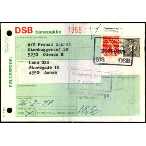 Banepakke DSB - Flgeseddel -  26 - 2 - 79 - 1x18 kr. - 1x50 re - Stemplet