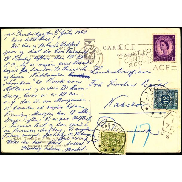 Efterporto - Postkort fra England 8 - 7- 1960  til Nakskov  - Efterporto 17 re 