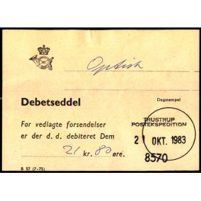 Efterporto - Debetseddel Trustrup  21 Okt. 1983 -  21 kr. 80 re 