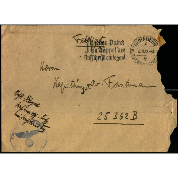 Tysk Feldpostbrev - Nrenberg 6 - 11 - 42 - Feldpost No. 25362 B  - Til Dr. Forstmann