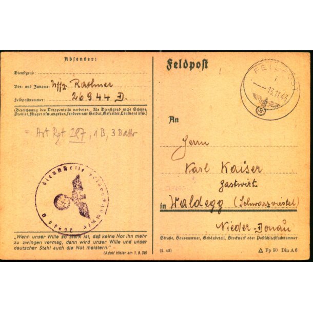 Tysk Feldpostkort - Feldpoststempel  13 - 11 - 43 - Til Donau - No. 26944 D