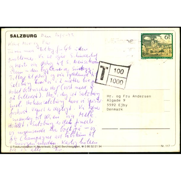 Efterporto - Postkort fra strig  16 - 5 - 1993 - Efterporto 100 re.