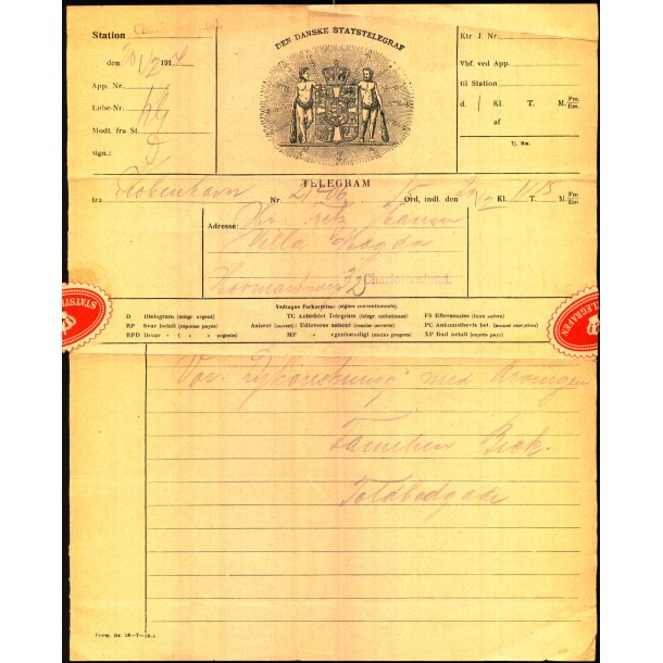 Telegram - Den Dansk Statstelegraf  1914 - Fra Charlottenlund til Kbenhavn