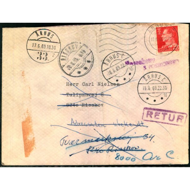  Brev til Riskov 11 - 6- 69 - Retur - Ubekendt - Flyttet - Brugt