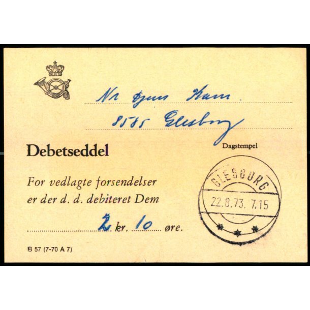 Efterporto - Debetseddel Glesborg 22 - 8- 73 -  2 kr. 10 re 
