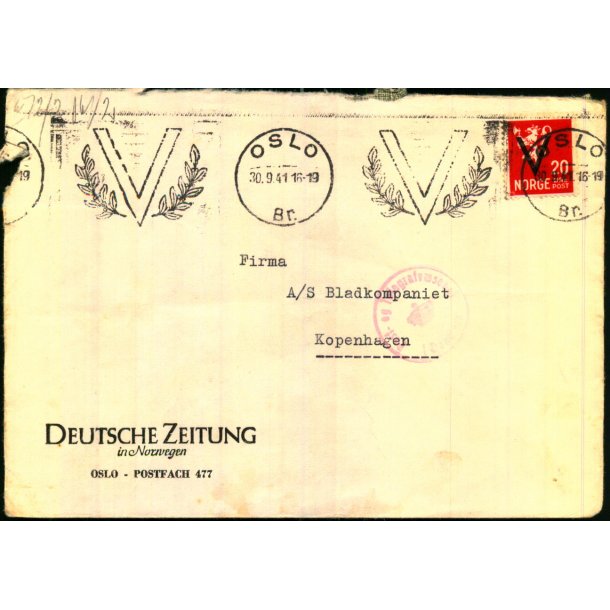 Censurbrev fra Norge  30 - 9 - 41 - Til Danmark