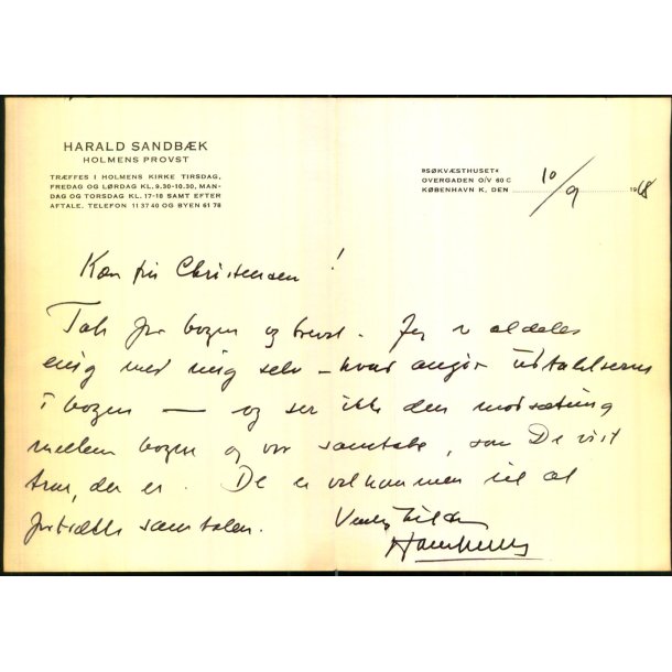 Autograf - Brev fra Holmens Provst - Harald Sandbk - 1968
