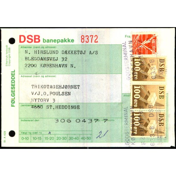 Banepakke DSB - Flgeseddel 6 - 4 - 78 - 3x100 re - 1x18 kr. - Stemplet