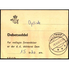 Efterporto - Debetseddel Trustrup  29 Okt. 1983 -  15 kr. 20 re 