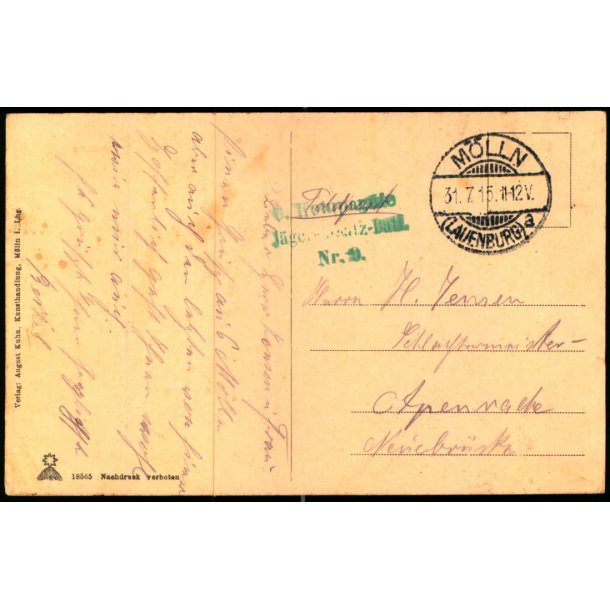 Feldpost - Mlln    31 - 7 -15 - Til Apenrade  - Billedside : Mlln i Lbg.