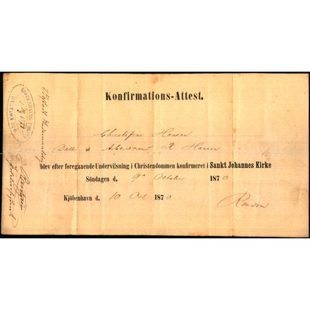 Konfirmationsattest - Christofine Hansen - Sankt Johannes Kirke - 1870