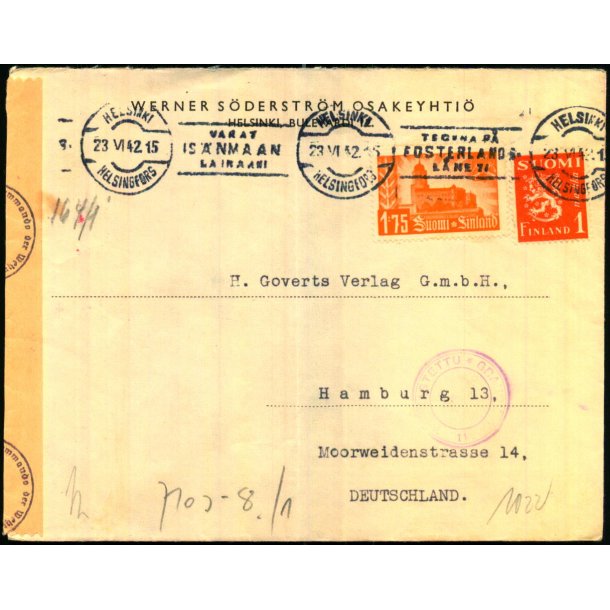 Censurbrev fra Finland  23 - 6 - 42 - Til Hamburg