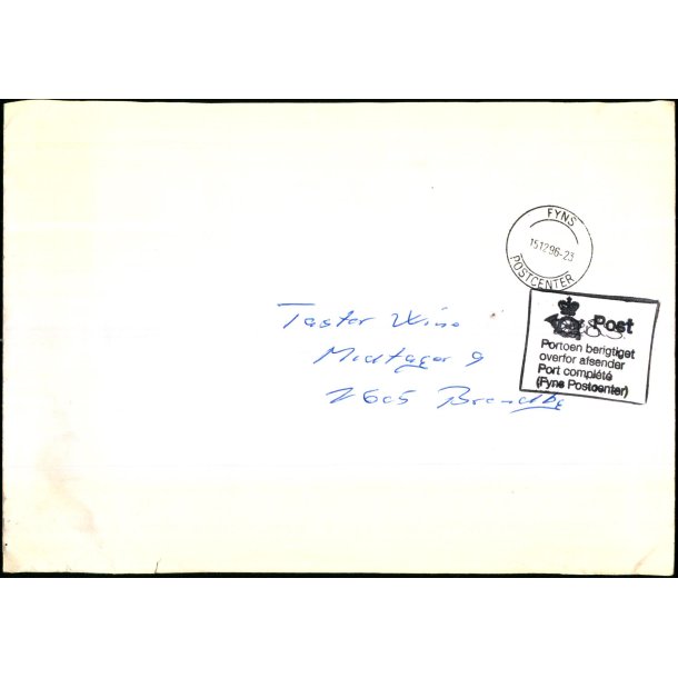 Efterporto - Brev fra Fyn  15 - 12 - 1996 - Efterporto - Porto berigtiget overfor afsender !