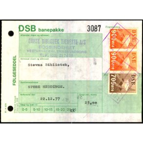 Banepakke DSB - Flgeseddel 22 - 12 - 77 - 2x900 re - 1x700 re - Stemplet