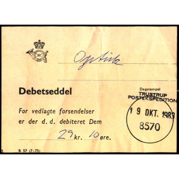 Efterporto - Debetseddel Trustrup  19 Okt. 1983 -  29 kr. 10 re 