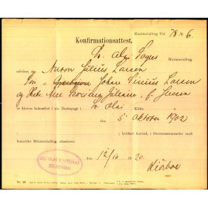 Konfirmationsattest - Auron Julius Larsen - F�dt 5. Oktober 1902 - Helsing�r