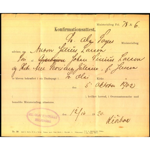 Konfirmationsattest - Auron Julius Larsen - F�dt 5. Oktober 1902 - Helsing�r