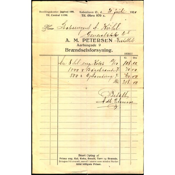A.M. Petersen - Br�ndselforsyning - K�benhavn � - 1921
