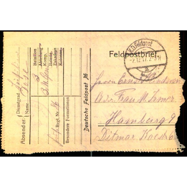 Feldpostbrev - 2 - 12 - 17 - Til Hamburg