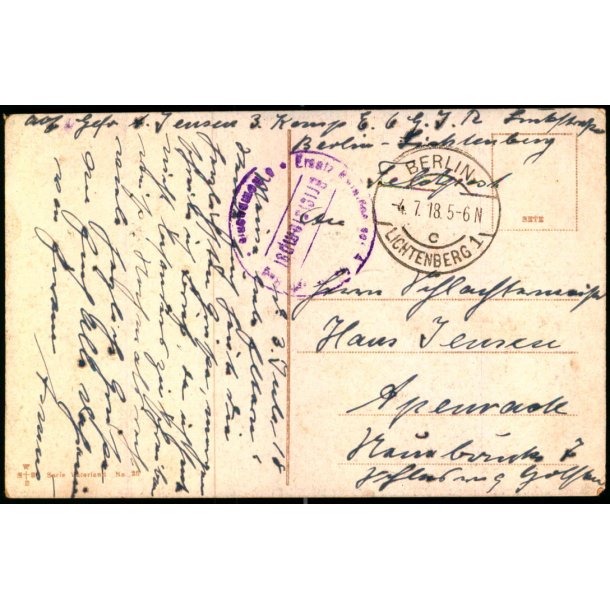 Feldpost - Berlin    4 - 7 -18 - Til Apenrade  - Billedside : Berlin