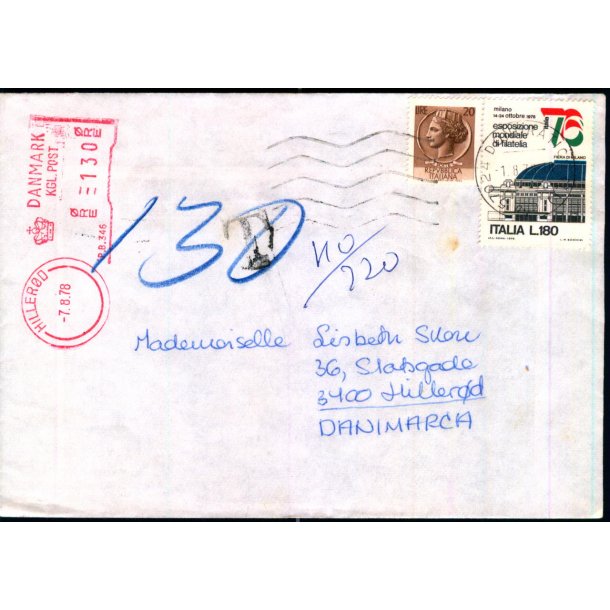  Efterporto - Brev Fra Italien til Hillerd 1 - 8 - 78   - Efterporto 130 re.