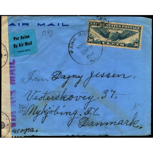 Luftpost  Censurbrev fra U.S.A.   23 - 11 - 41 - Til Nykbing Fl.