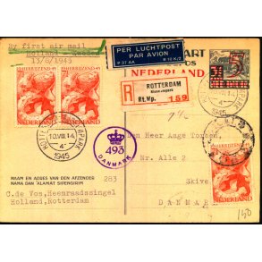 Rekomaderet - Luftpostkort - Censurpostkort fra Holland  10 - 8 - 45 - Til Danmark