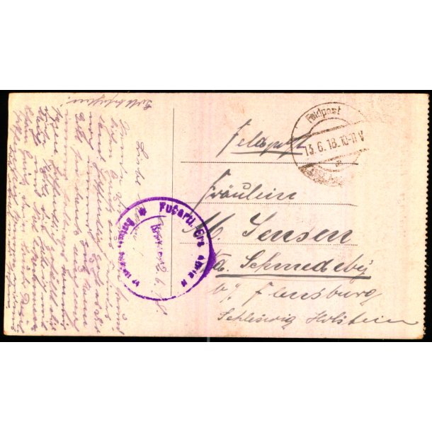 Feldtpost - 13 - 6 - 18 - til Flensburg - Forside : Maabeuge