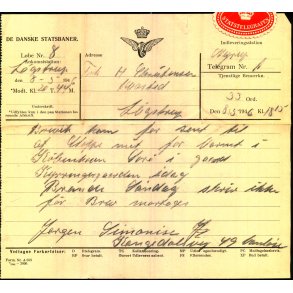 Telegram - De Danske Statsbaner 1946 - Fra Lgstr til Vanlse