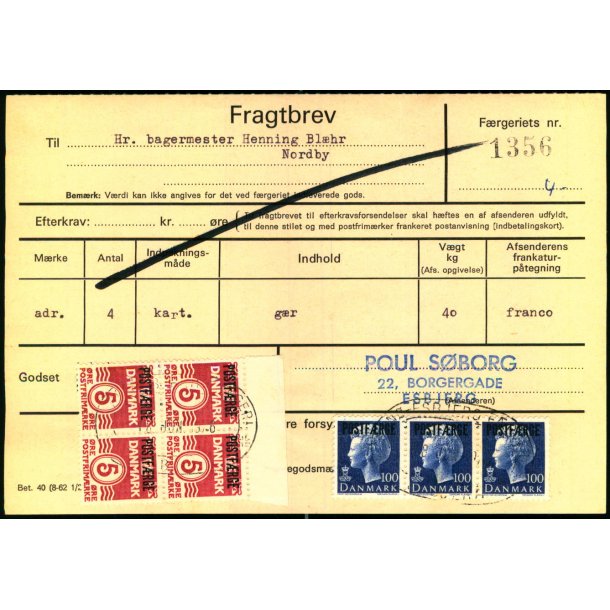 Fragtbrev - 4x 5 re Blgelinie - 3 x 100 re M  Prov. - Fra Esbjerg til Fan 10. Juni 1976
