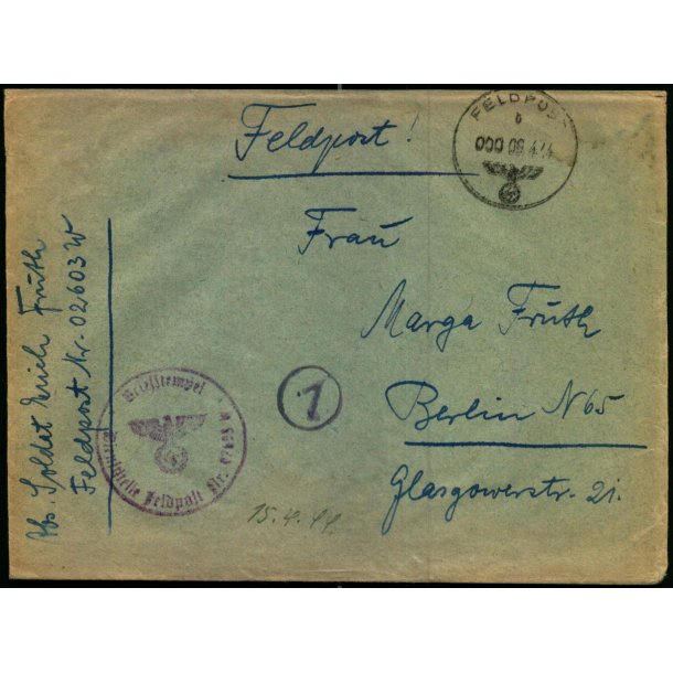 Tysk Feldpostbrev - Feldpoststempel 6 - 4 - 44 - Feldpost No. 02603 W - Til Berlin N. 65