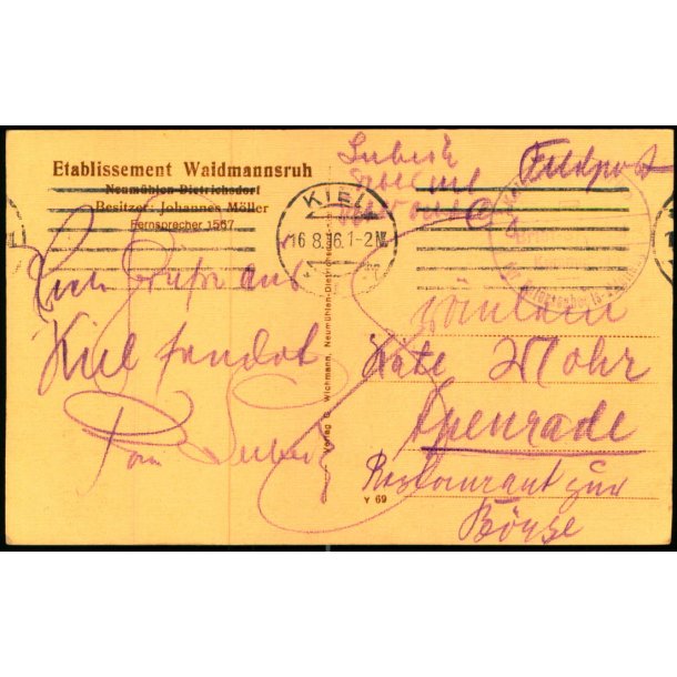 Feldpost - Kiel 16 - 8 - 16  - Til Apenrade - Billedside : Waidmannsruh