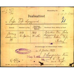 Daabsattest - Sofus Toft Lynggaard - 1893 - Kolding