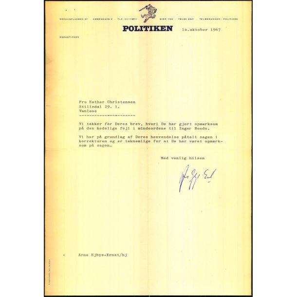 Autograf - Brev fra Arne Ejbye-Ernst