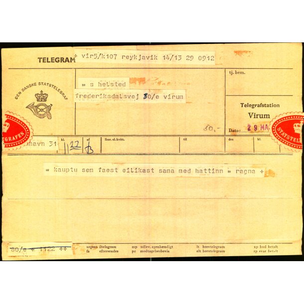 Telegram - Den Dansk Statstelegraf 1956 - Fra Reykjavik til Virum