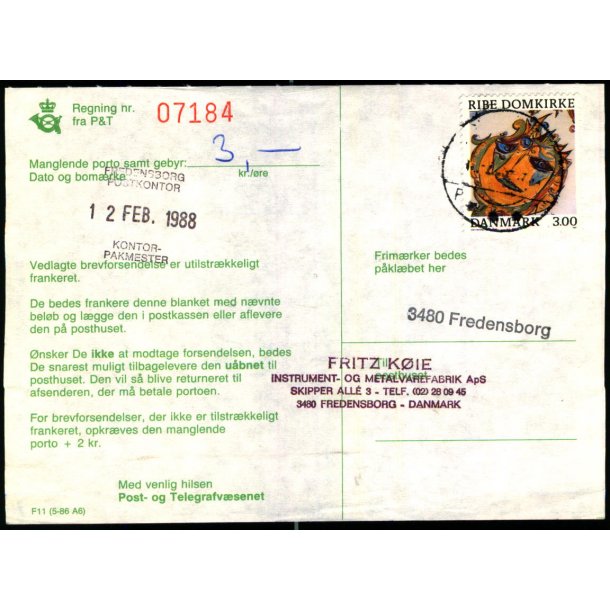 Efterporto - Regning fra P&T - Manglende Porto 12-2-1988