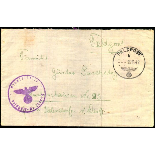 Tysk Feldpostbrev - Feldpoststempel 16 - 10 - 42 - Feldpost No. 24994 D - Til Oldendorf.