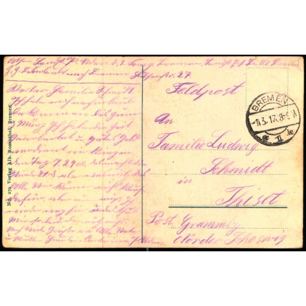 Feldpost - Bremen  11 - 3 -17 - Til Thiset - Grammby  - Billedside : Bremen