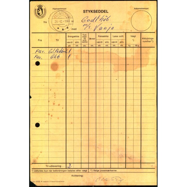 Postliste - afsendt med m/s Vanja til Godthb - Fringehavn 1981 - Grnlands Postvsen