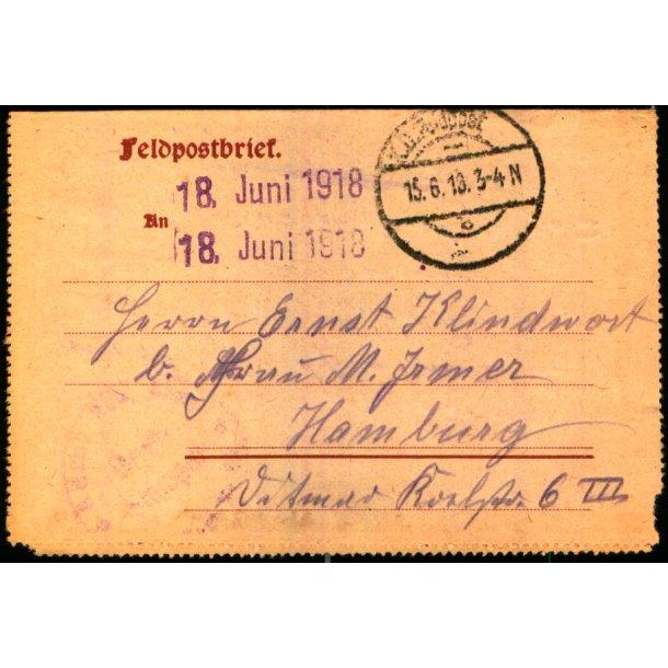 Feldpostbrev - 18 - 6 - 18 - Til Hamburg