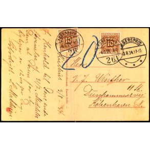 Efterporto - Postkort fra Jgerspris  3 - 8 - 1934 - Efterporto 20 re - Forside : Kongeegen