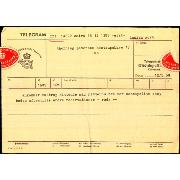 Telegram - Den Dansk Statstelegraf 1959 - Fra Cairo til Kbenhavn