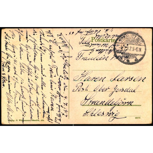 Feldpost - Strelitz  4 - 7 -17 - Til Ober Jersdal  - Billedside : Strelitz