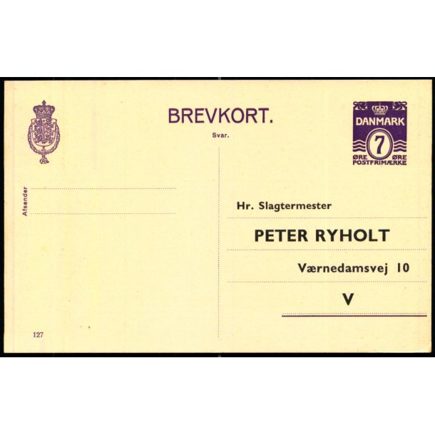 Slagtermester Peter Ryholt - Vrnedamsvej 10 - V - Brevkort 127 - Ubrugt