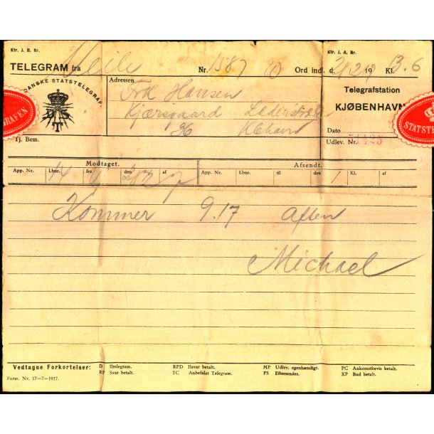 Telegram - Den Dansk Statstelegraf ? - Fra Veile til Kbenhavn