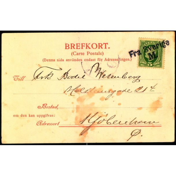 Postkort fra Sverige   - Til Kbenhavn  - Stempel Fra Sverige M.