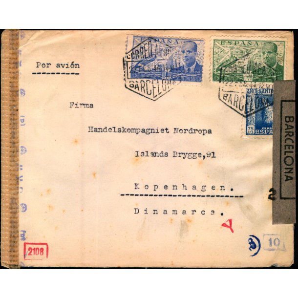 Luftpost  Censurbrev fra Spanien  22 - 2 - 44 - Til Kbenhavn