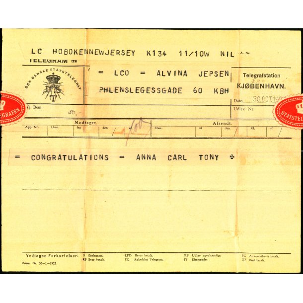 Telegram - Den Dansk Statstelegraf 1925 - Fra New Jersey til Kbenhavn