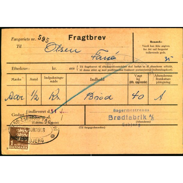 Fragtbrev -  1kr Rigsvben Prov.  - Fra Esbjerg til Fan 11. juni 1958