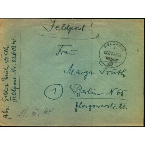 Tysk Feldpostbrev - Feldpoststempel 4 - 3 - 44 - Feldpost No. 02603 W - Til Berlin N. 65